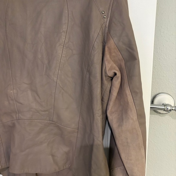 Mint Velvet Leather Moto Jacket Tan Beige Suede Panel Size US 10 - Picture 14 of 15